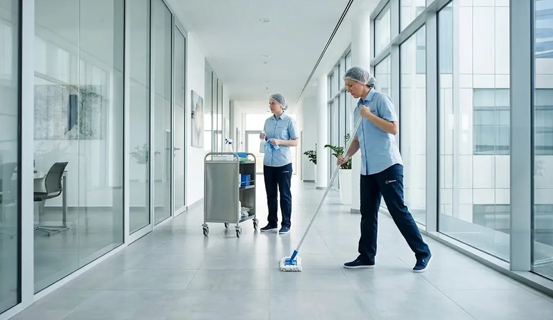 Two uniformed cleaners in a bright, modern hallway. One is mopping the floor, while the other pushes a cleaning cart. Floor-to-ceiling windows allow natural light.