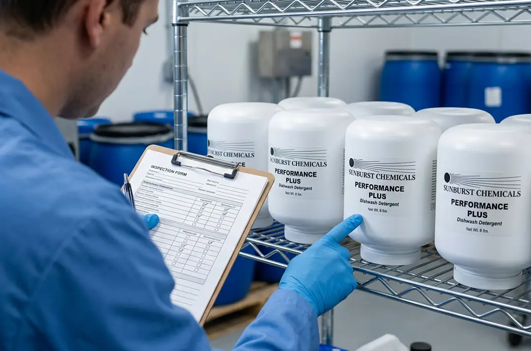 Man in blue uniform and gloves checks a clipboard in a storage room with detergent containers labeled "Performance Plus" on metal shelves.