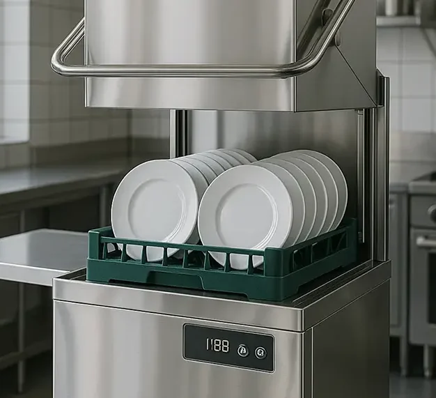 A stainless steel industrial dishwasher with an open hatch holds a rack of clean white plates. The modern kitchen setting is sleek and professional.