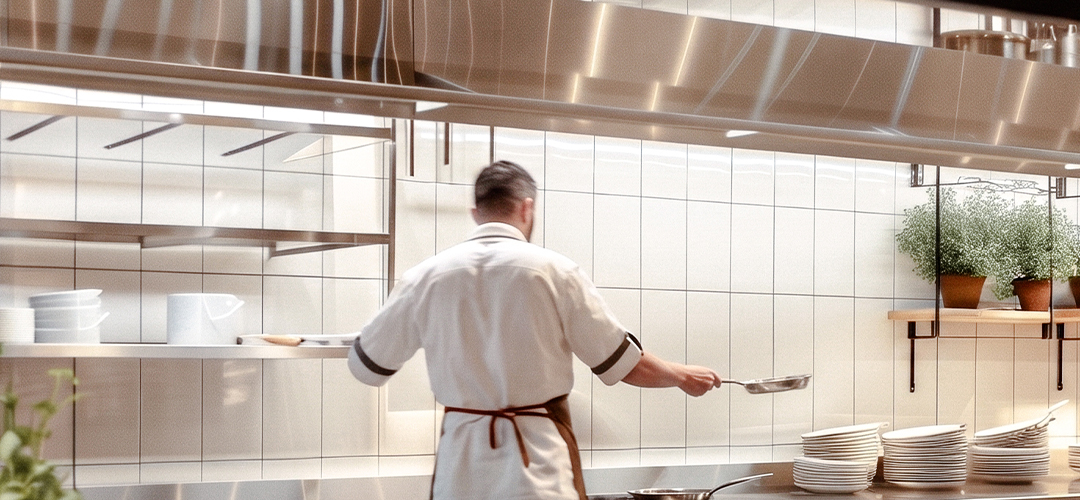 Two chefs in a modern kitchen prepare dishes on a clean countertop. Shelves with plates, spices, and potted plants add a fresh, organized ambiance.