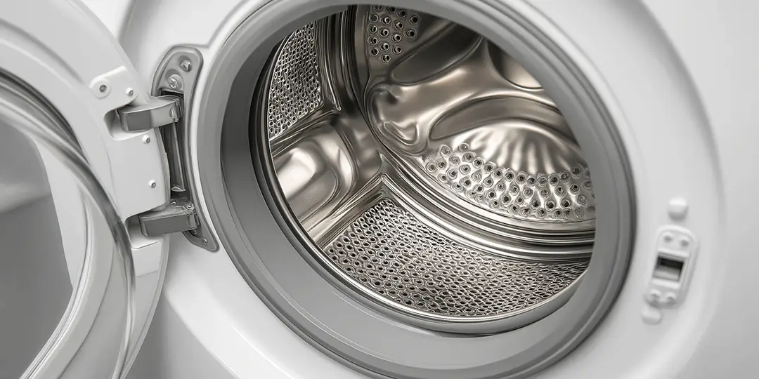 The image shows the open drum of a front-loading washing machine, highlighting its clean, shiny stainless steel interior and open door for a modern look.
