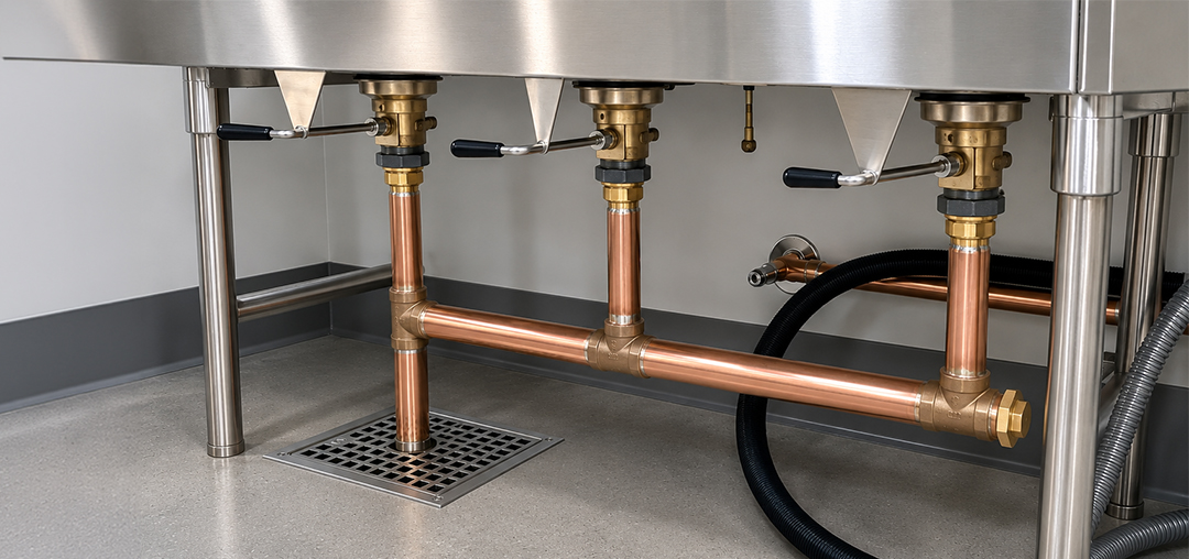 Stainless steel industrial sink with visible copper pipes and fittings. The floor is concrete with a drain. The area appears clean and organized.