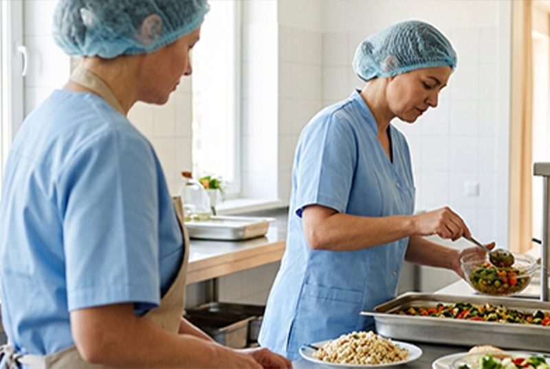 Two people in blue uniforms and hairnets prepare meals in a bright kitchen. One serves salad from a tray, while the other assists, conveying teamwork.