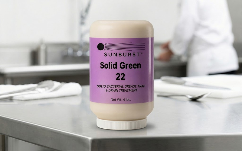 A container of "Solid Green 22" grease trap treatment sits prominently on a stainless steel kitchen counter. A chef works in the blurred background, suggesting a professional kitchen setting.