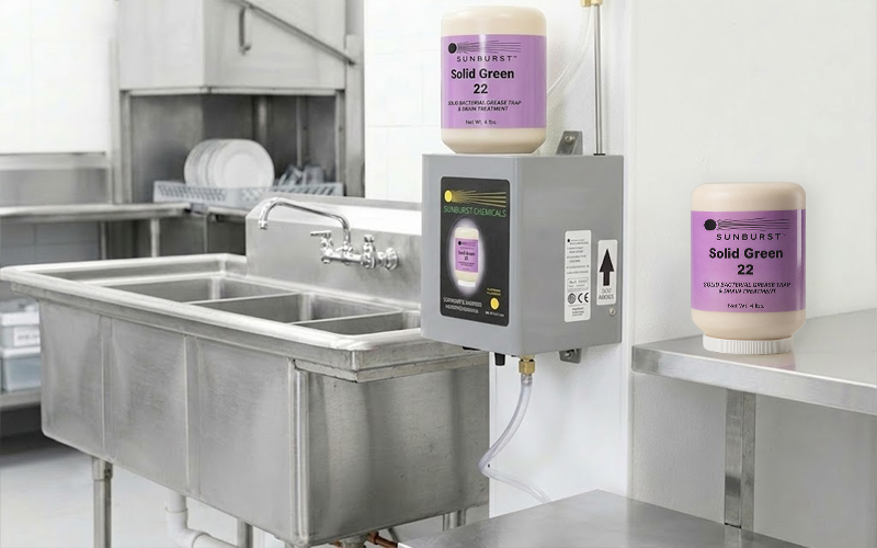 Commercial kitchen with a stainless steel sink and dishwasher. Two containers of Sunburst cleaning chemicals are mounted on the wall, conveying efficiency.