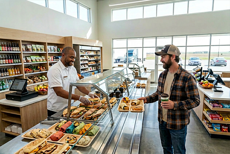 A man in a flannel shirt holds a tray and coffee, smiling at a server behind a deli counter. The counter displays various pastries and sandwiches. Shelves with snacks and drinks are in the background. The setting appears bright and welcoming.