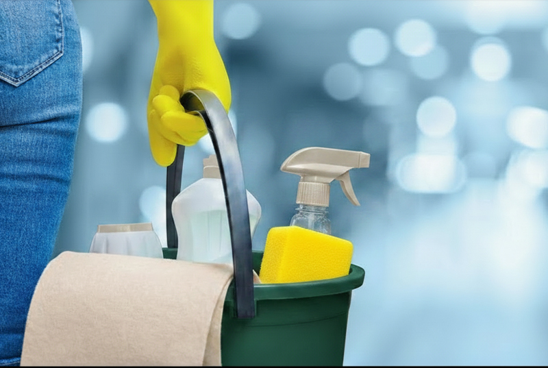 A person in jeans and yellow gloves holds a cleaning caddy with sprays, a sponge, and paper towels. Blurred background suggests an indoor setting.
