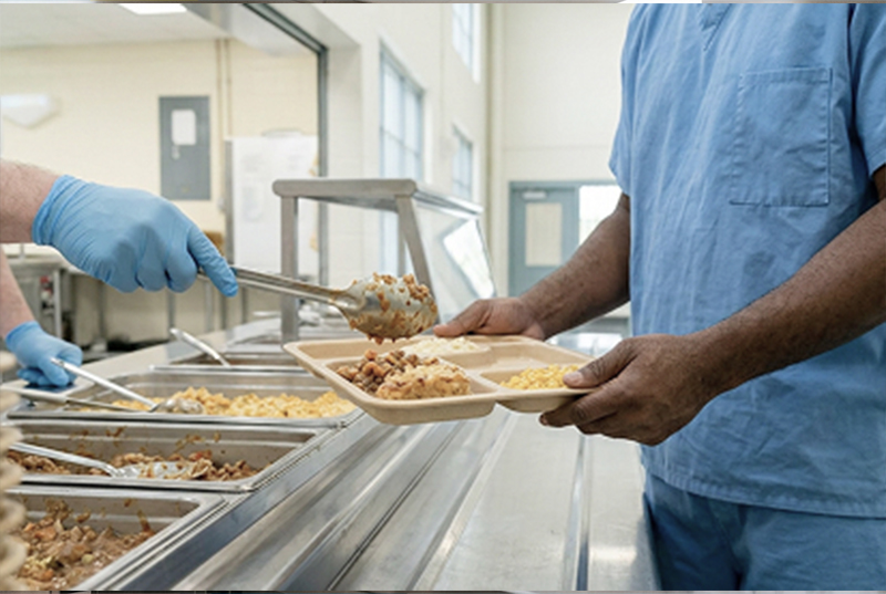 A person wearing scrubs is receiving a food tray in a cafeteria line. Another individual with gloves is serving various dishes from metal containers.