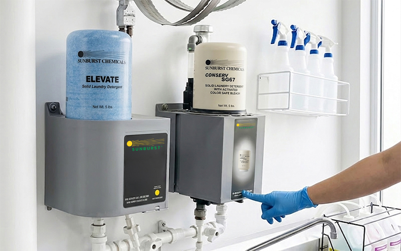 A gloved hand presses a button on a gray detergent dispenser mounted on a wall. Above are large containers labeled "Sunburst Chemicals." Nearby are spray bottles.