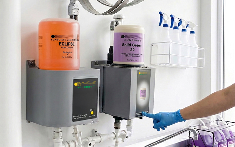 A gloved hand presses a button on a gray detergent dispenser mounted on a wall. Above are large containers labeled "Sunburst Chemicals." Nearby are spray bottles.