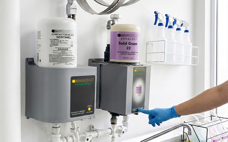 A gloved hand presses a button on a gray detergent dispenser mounted on a wall. Above are large containers labeled "Sunburst Chemicals." Nearby are spray bottles.